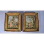 A Pair of Gilt Framed 18th Century Stumpworks Depicting Lovers, Worked in Polychrome Silks on Silk
