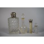 A Collection of Glass Perfume Bottles & Flasks, 2 Examples with Silver Tops