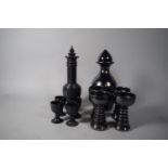 A Studio Art Knights Tintagel Decanter & Four Goblet Set Together with a Turned Black Marble Example