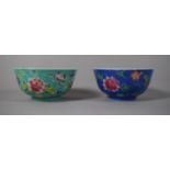 Two Small Oriental Bowls with Floral Decoration on Blue and Green Ground, 11.5cms Diameter