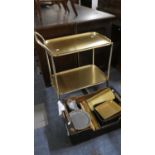 A Two Tier Metal Tea Trolley and a Box of Kitchenwares