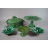 A Collection of Green Glazed Ceramics to Include Leaf Pattern Tazzas, Lidded Pots Etc.