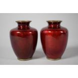 A Pair of Japanese Tsuki Jippo Cherry Red Enamel Vases Decorated with Underlying Orchids, 9.5cms