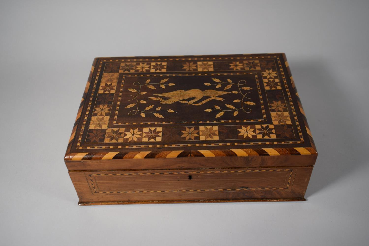 A 19th Century Inlaid Killarney Writing Slope Decorated with Bird Carrying Ribbon Inscribed '