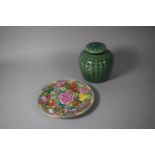 A Reproduction Green Glazed Oriental Ginger Jar Together with a Chinese Famille Rose Export Plate