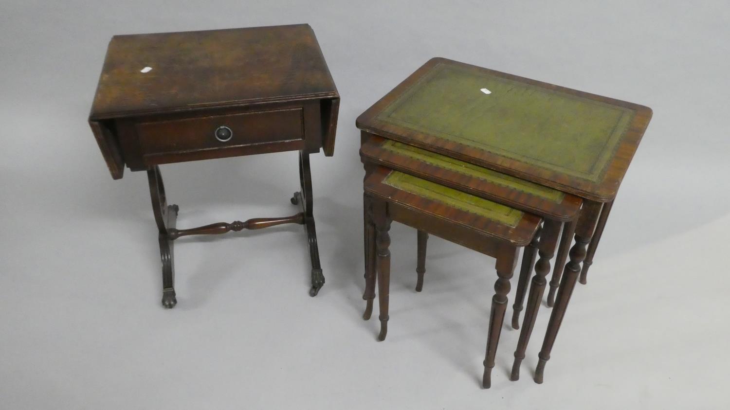 A Small Drop Leaf Mahogany Lyre Based Table and a Nest of Three Tables