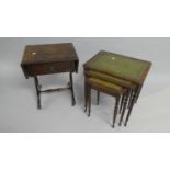 A Small Drop Leaf Mahogany Lyre Based Table and a Nest of Three Tables