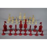 A Late 19th Century 'Barleycorn' Bone Chess Set with One Side Strained Red, The Kings, 12cms High