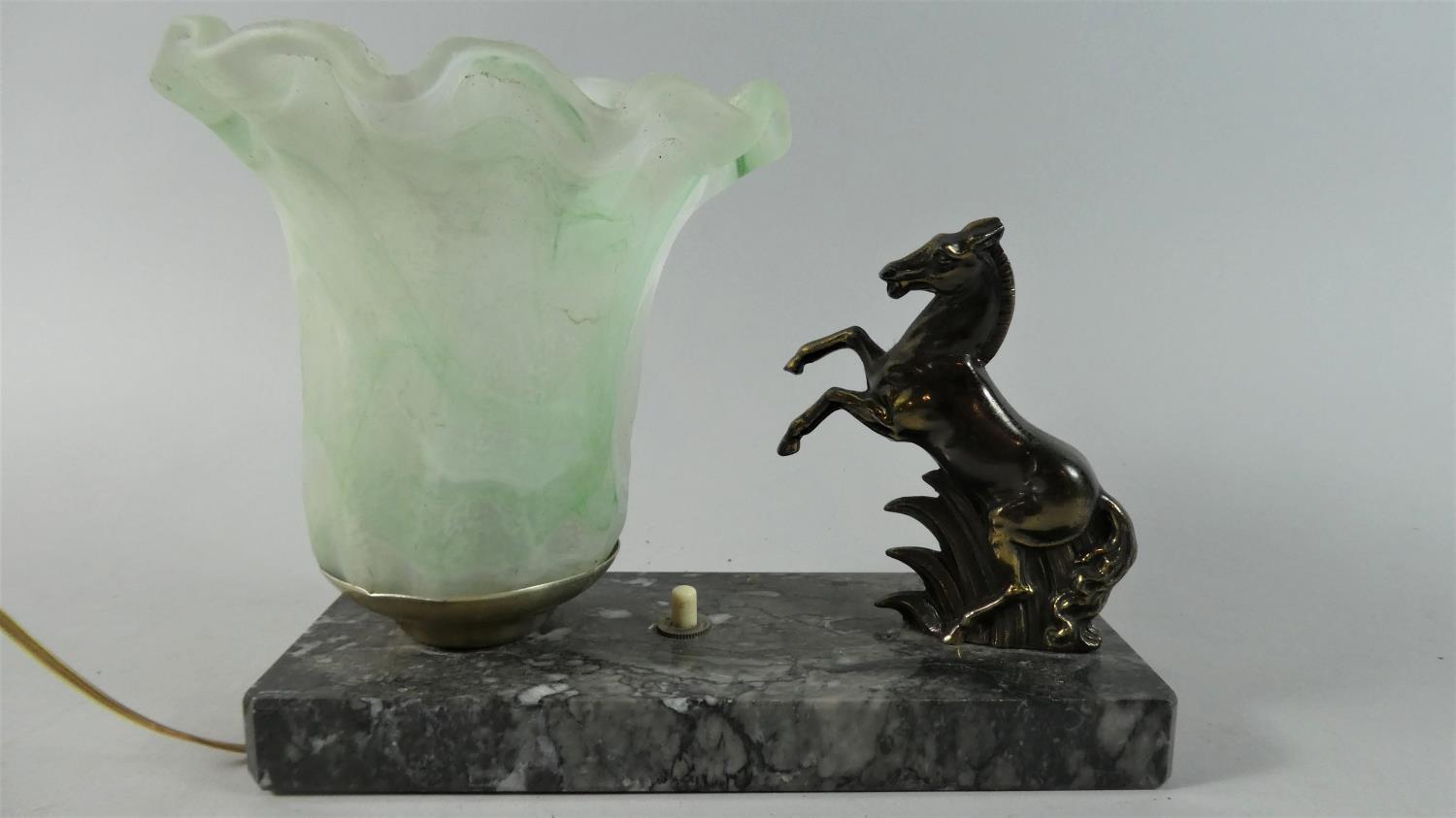 A French Table Lamp with Rearing Horse Mount, Opaque Glass Shade and Marble Plinth, 19.5cms Wide