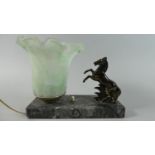 A French Table Lamp with Rearing Horse Mount, Opaque Glass Shade and Marble Plinth, 19.5cms Wide