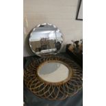 A Vintage Circular Bevel Edge Mirror and a Bamboo Sunburst Example, 45cm and 61cm Diameter