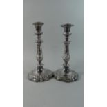 A Near Pair of Silver Plated Candlesticks with Acanthus Leaf Decoration in Relief, 25.5cms High