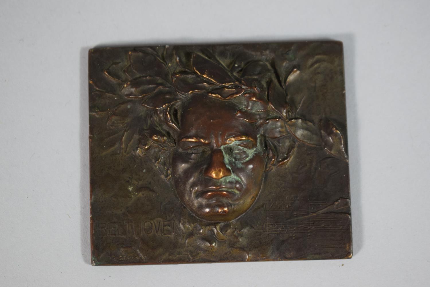 A Bronze Portrait Plaque of Beethoven by Franz Stiasny, 6.5 x 5.5cms