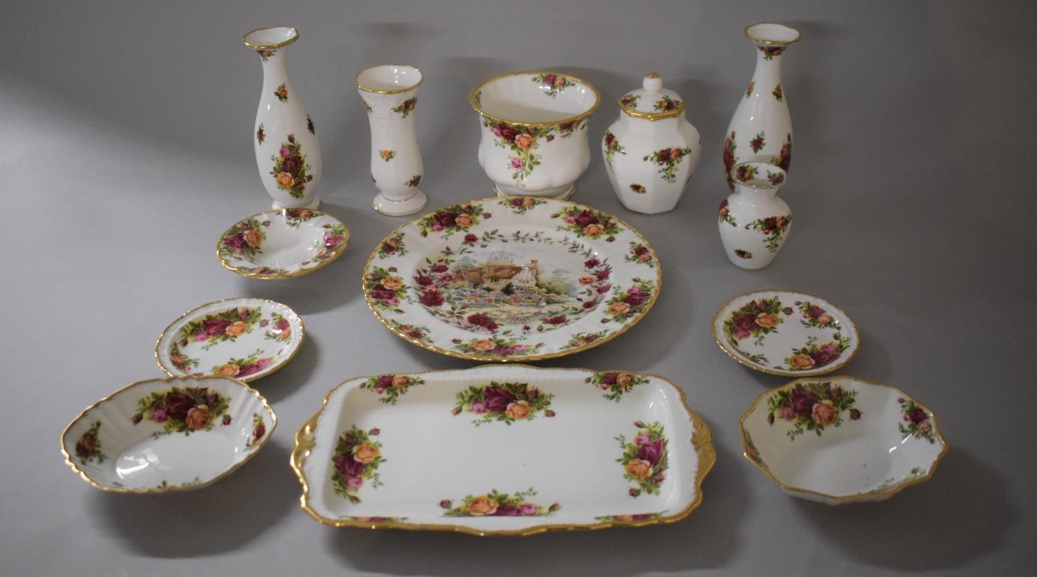 A Collection of Royal Albert Old Country Rose China to Include Vases, Lidded Pot, Dishes, Plates