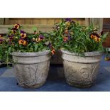 A Pair of Reconstituted Stone Garden Urns with Floral Moulded Decoration to Bodies, 36cms Diameter