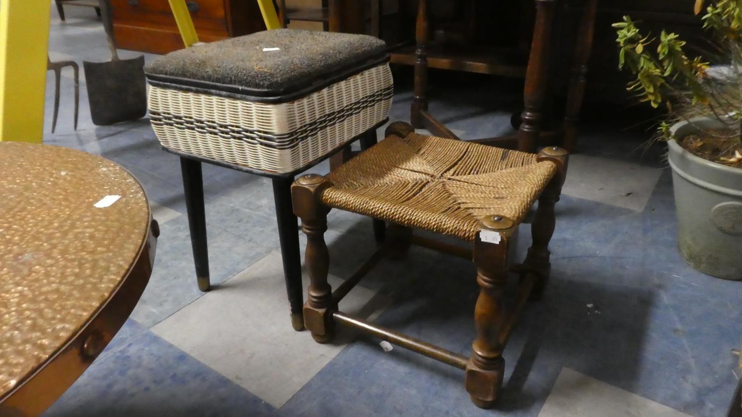 A Vintage Woven Sewing Box and a Small Oak and Rush Stool