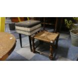 A Vintage Woven Sewing Box and a Small Oak and Rush Stool
