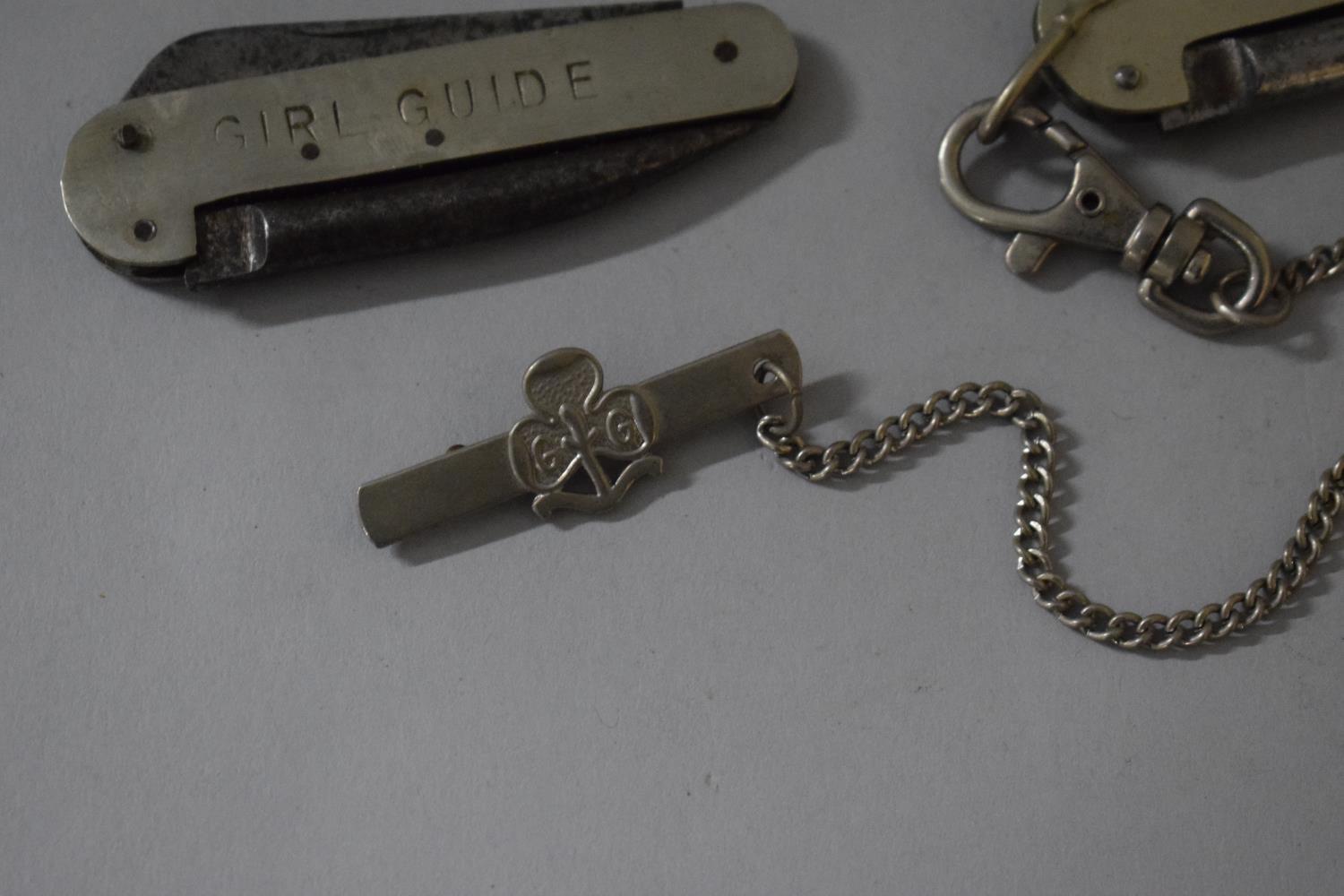 A Vintage Scout's Dagger in Leather Sheath Together with Two Girl Guides Pocket Knives - Image 4 of 5