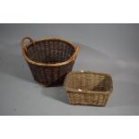 A Wicker Log Basket with Two Handles (52cms Diameter) and a Wicker Trug (Lost Handle)