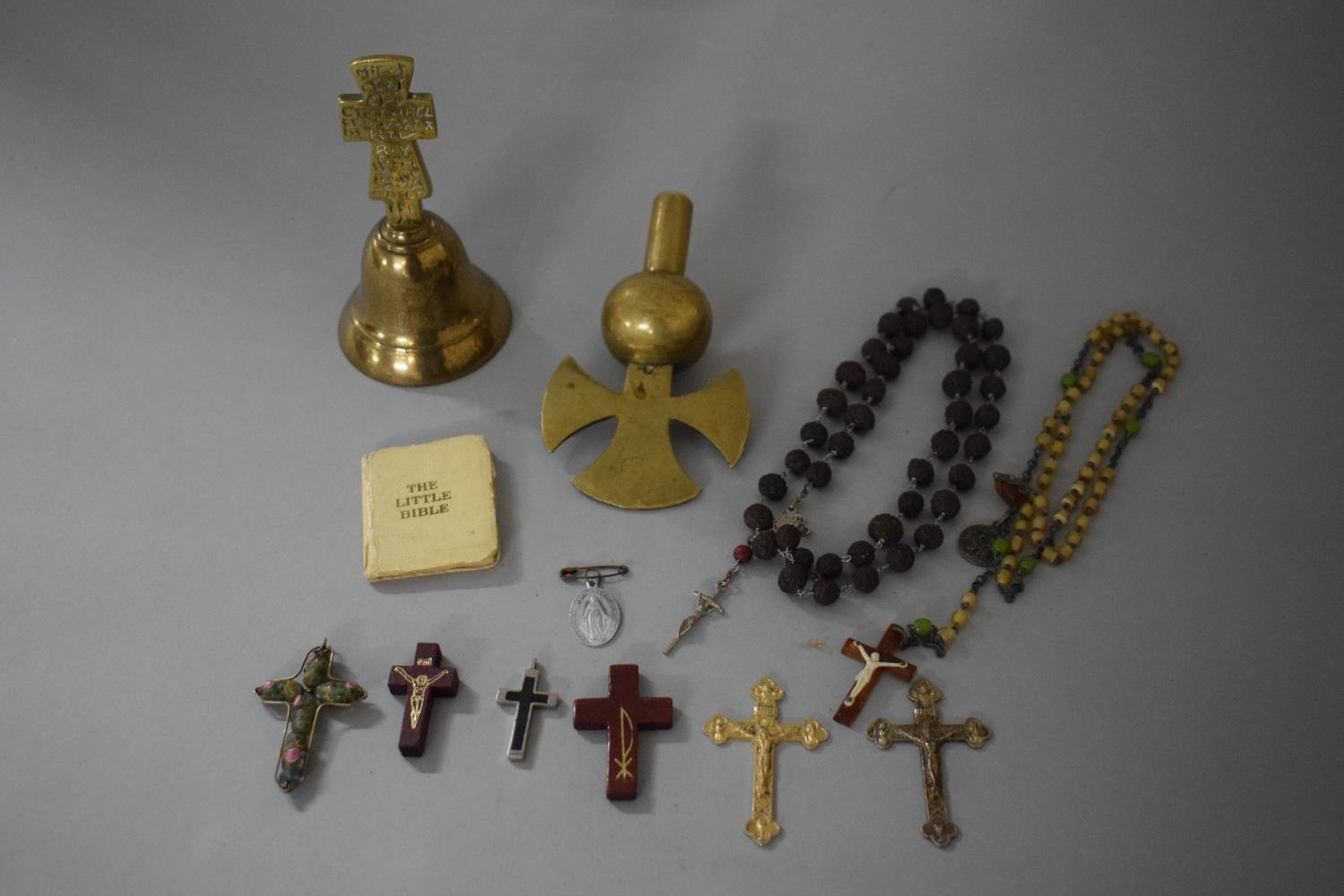 A Collection of Religious Items to Include Brass Bell, Altar Finial the Little Bible, Collection