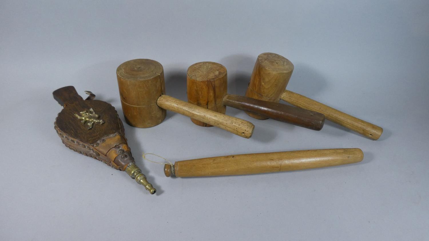 Three Wooden Mallets, a Rolling Pin and Bellows