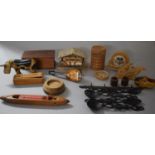 A Collection of Treen and Other Sundries to Include Money Box, Alpine Swiss Cabin Musical Box,