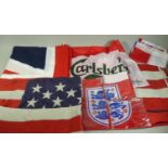 A Shoe Box Containing A Cloth Union Jack, Two American Union Flags and Six England FC Three Lions