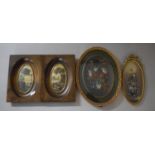 A Pair of Framed Oval Textured Oil Together with Two Gilt Framed Still Life Vases of Flowers