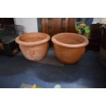 A Pair of Terracotta Garden Planters with Moulded Rose Decoration, 38cms Diameter