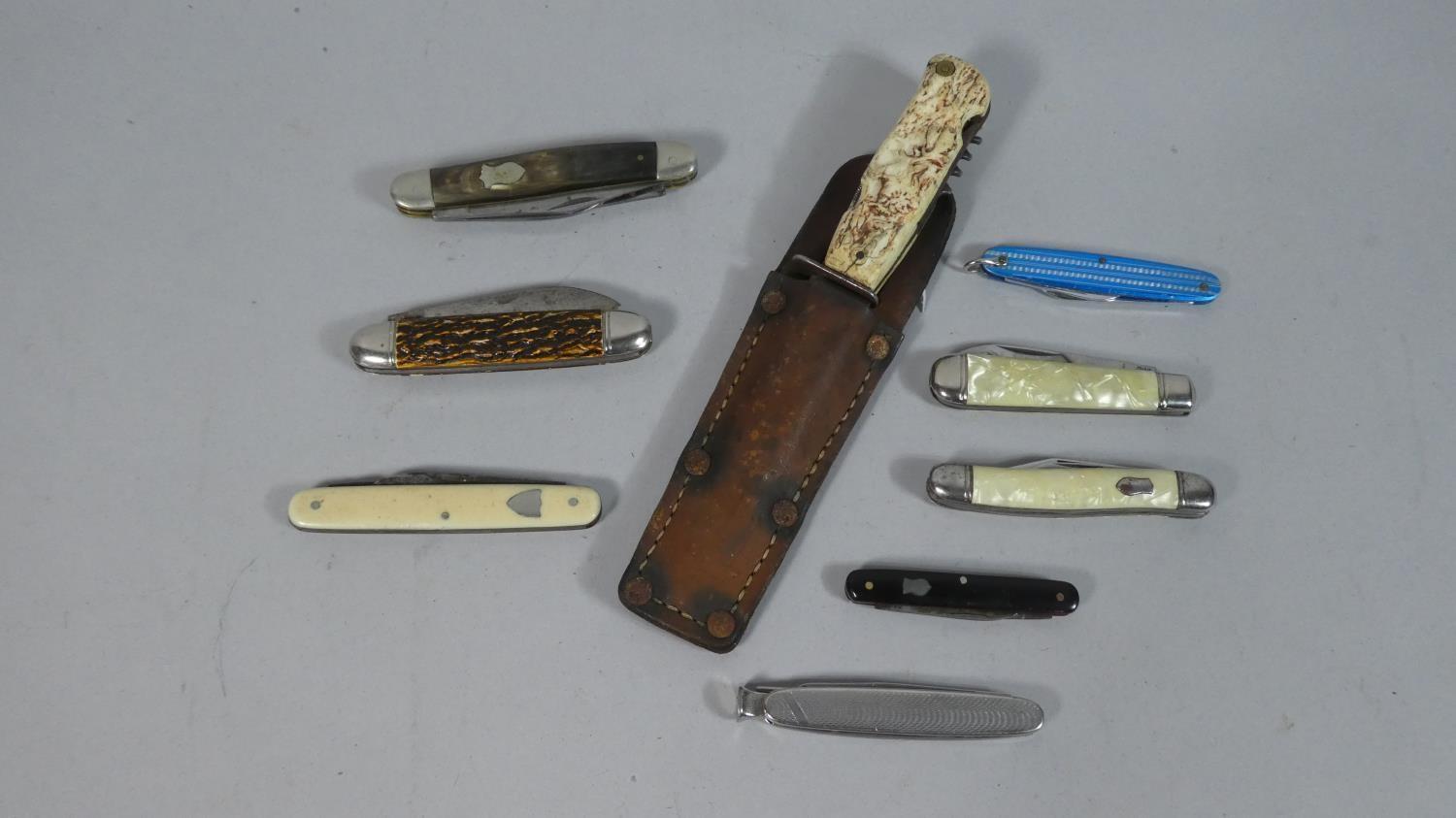 A Hunting Knife and Eight Vintage Pen Knives