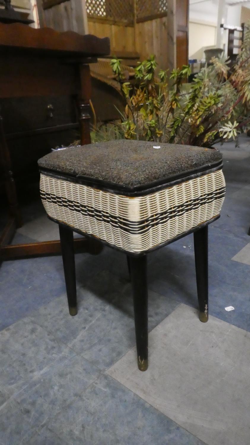 A Vintage Woven Sewing Box and a Small Oak and Rush Stool - Image 2 of 2