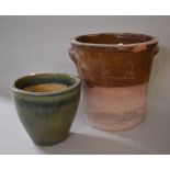 A Glazed Terracotta Stein and a Green Glazed Patio Planter, Stein 39cms High