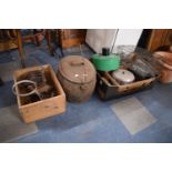 A Box of Iron Work to Include Horse Shoes, Two Pulley Blocks, Cooking Pot, Oil Lamp Wall Bracket