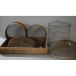 Two Vintage Mesh 'Pantry' Meat Covers, Two Sieves, a Wire Basket and a Cosmetic Box