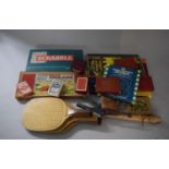 A Collection of Vintage Toys and Games to Include Table Tennis Bats, Board Games, Cards etc