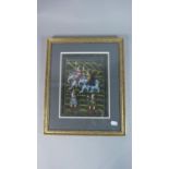 A Framed Hand Painted Indian Silk Panel Depicting Foot Soldiers and Soldiers on Elephants, 25 x