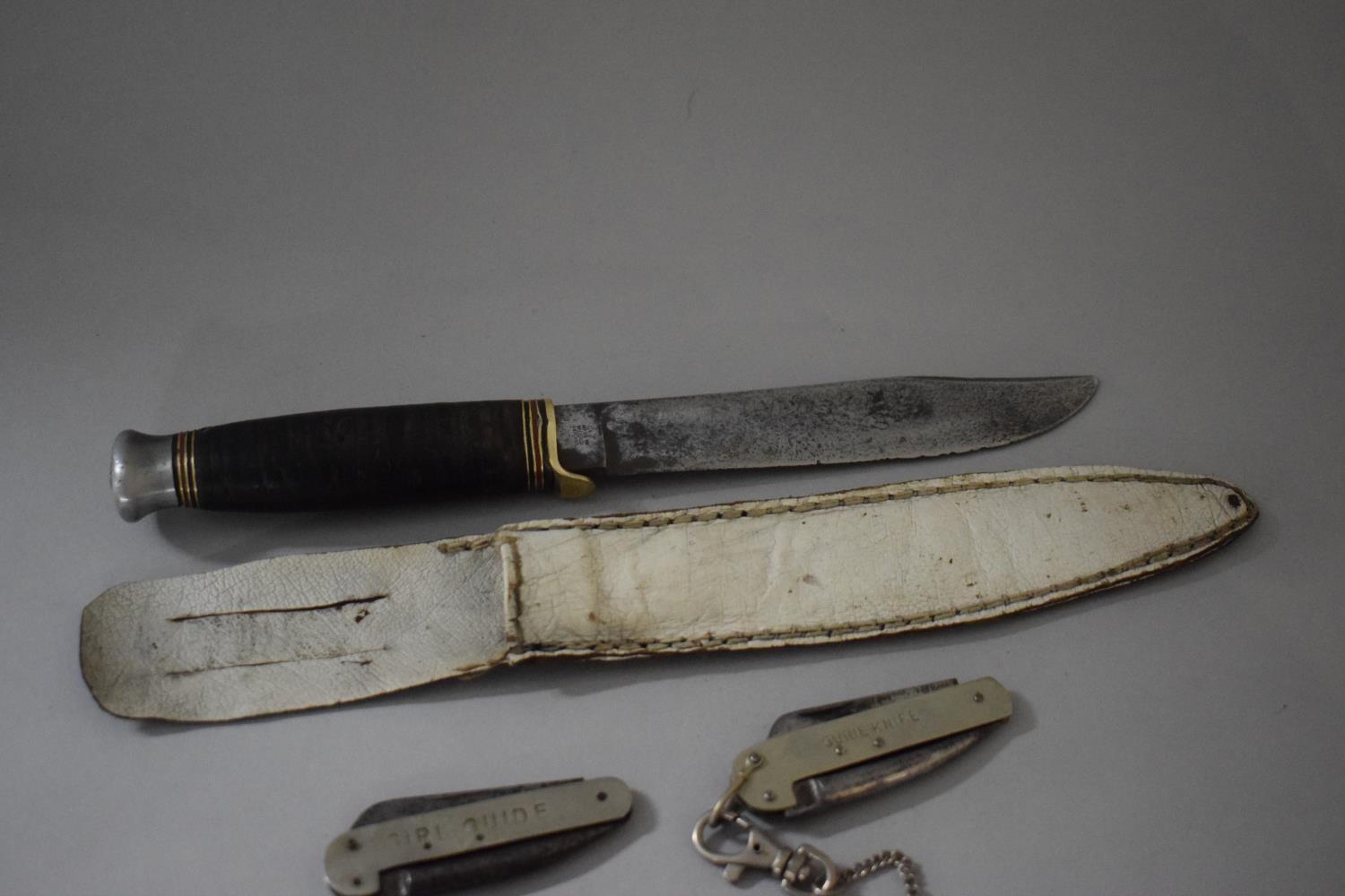 A Vintage Scout's Dagger in Leather Sheath Together with Two Girl Guides Pocket Knives - Image 2 of 5