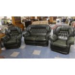 A Late 20th Century Green Leather Three Piece Suite with Buttoned Upholstery