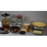 A Box of Sundries to Include Kitchen Scales, Kettle Stand, Glass Cake Stand, Dominoes, Enamel Soap