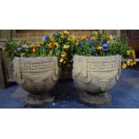 A Pair of Reconstituted Stone Garden Urns with Moulded Greek Key Decoration, 36cms Diameter, 37cms