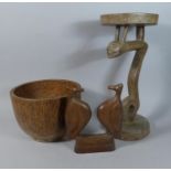 An African Carved Wooden Stool, a Stand and a Bowl