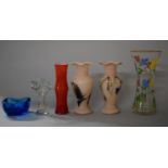 A Collection of Coloured Glasswares to Include Blue Glass Ashtray, Painted Vases, Pair of Pink