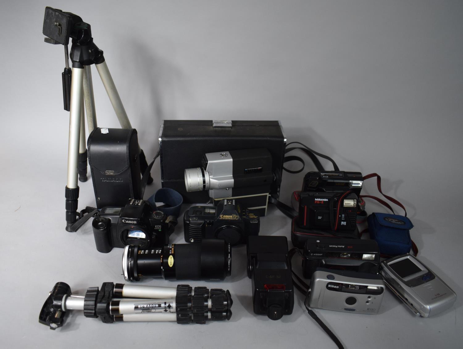 A Collection of Cameras and Accessories to Include Canon EOS 100F & T70 Bodies, Tamron 80-210mm