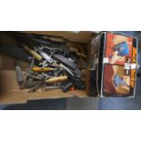 A Box of Tools to Include Saws, Spanners, Chisels and a Black and Decker Orbital Sander