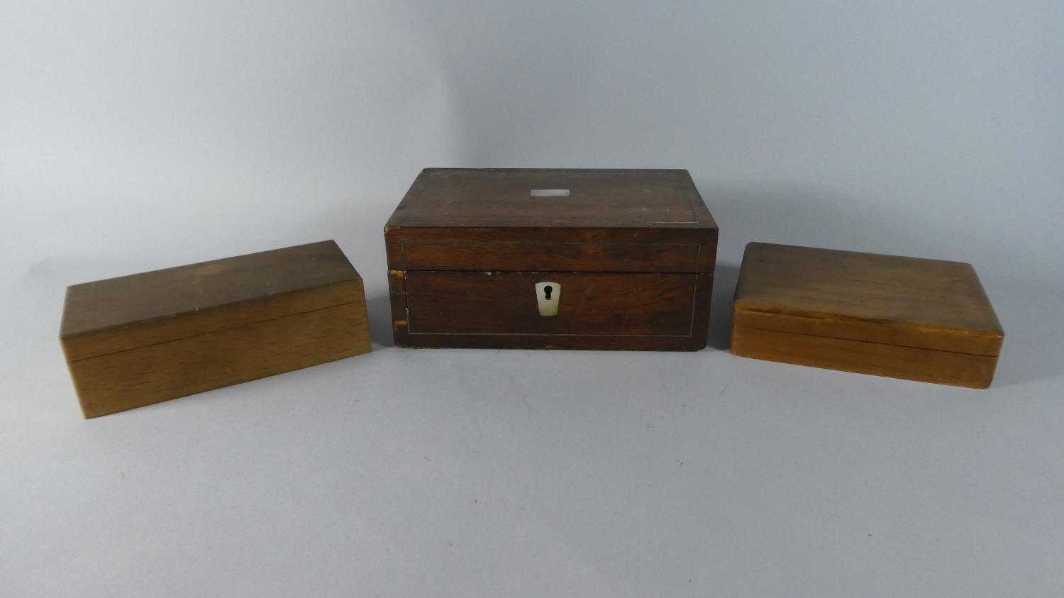 A Wooden Work Box, Cigar Box and Cigarette Box (Work Box 22cms Wide)