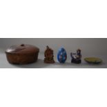 A Collection of Oriental Items to Include Laquered Lidded Box, Carved Wooden Study of Seated Figure,