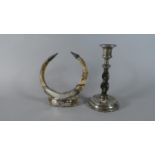 A White Metal and Wild Boar Tusk Sporting Trophy and Silver Mounted Candlestick (Both AF)