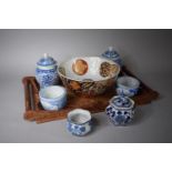 A Collection of Modern Oriental China to Include Blue and White Lidded Pots, Imari Bowl Together