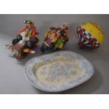 A Blue and White "Asiatic Pheasant" Meat Plate and Two Resin Clown Ornaments