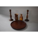 A Collection of Treen to Include Turned Wooden Candlesticks, Vases and Circular Tray